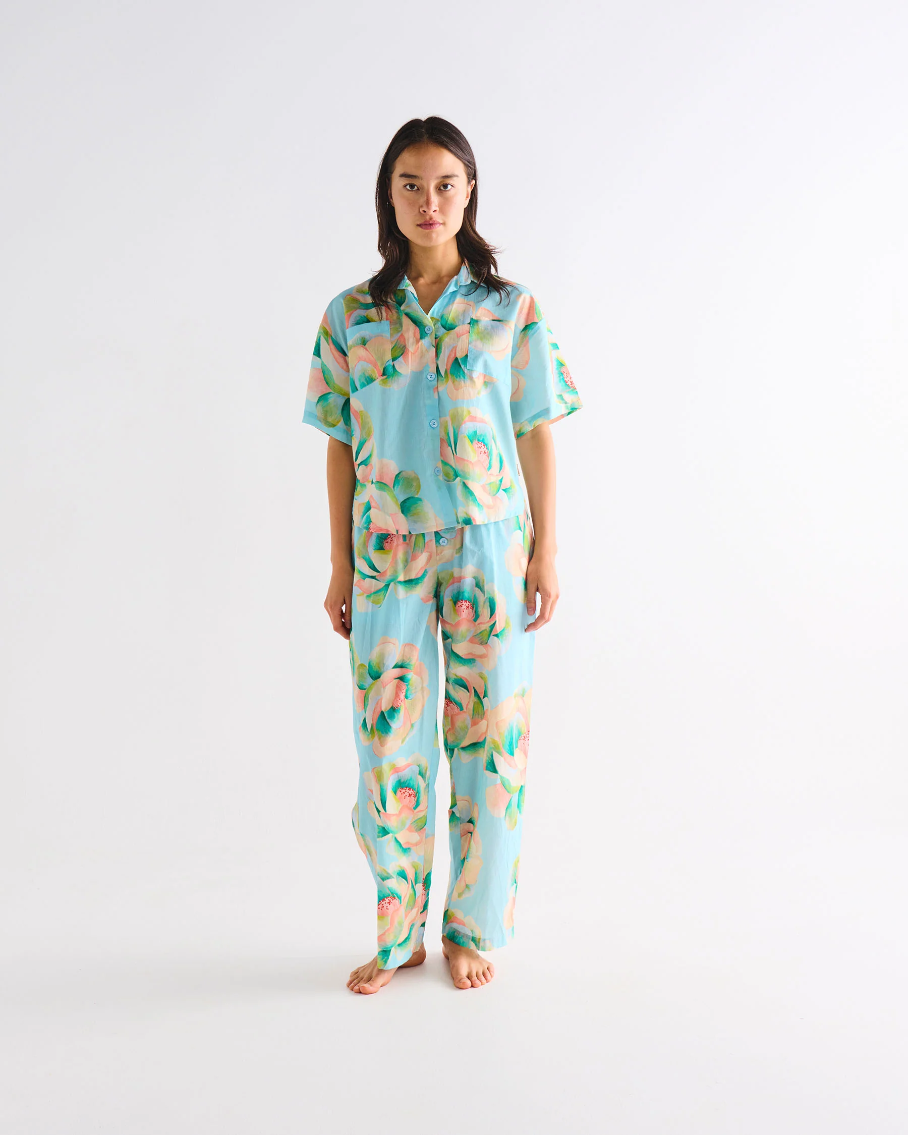 Big Beauty Floral Blue Adult Organic Cotton Short Sleeve Shirt & Pant Pyjama Set