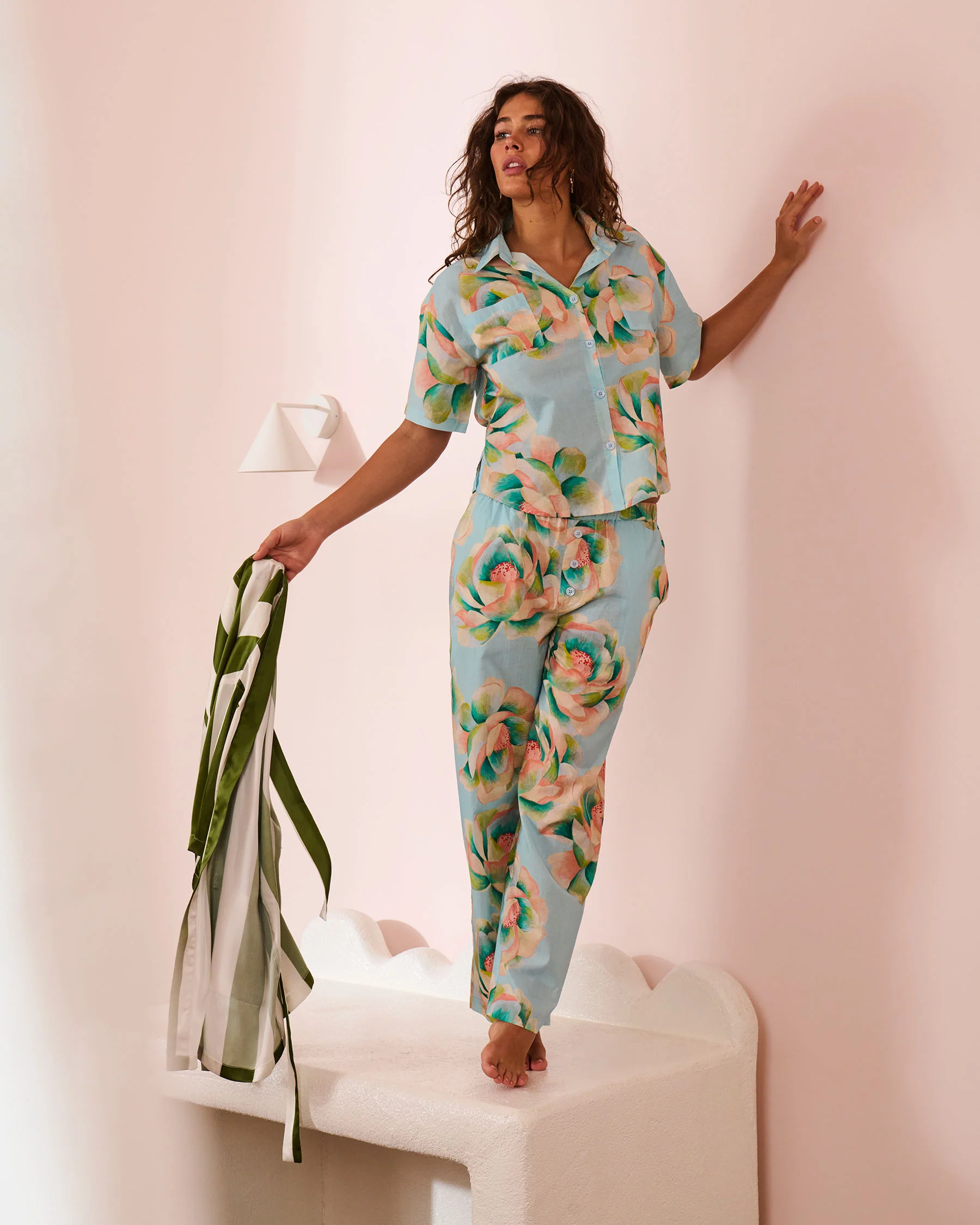 Big Beauty Floral Blue Adult Organic Cotton Short Sleeve Shirt & Pant Pyjama Set - Image 2