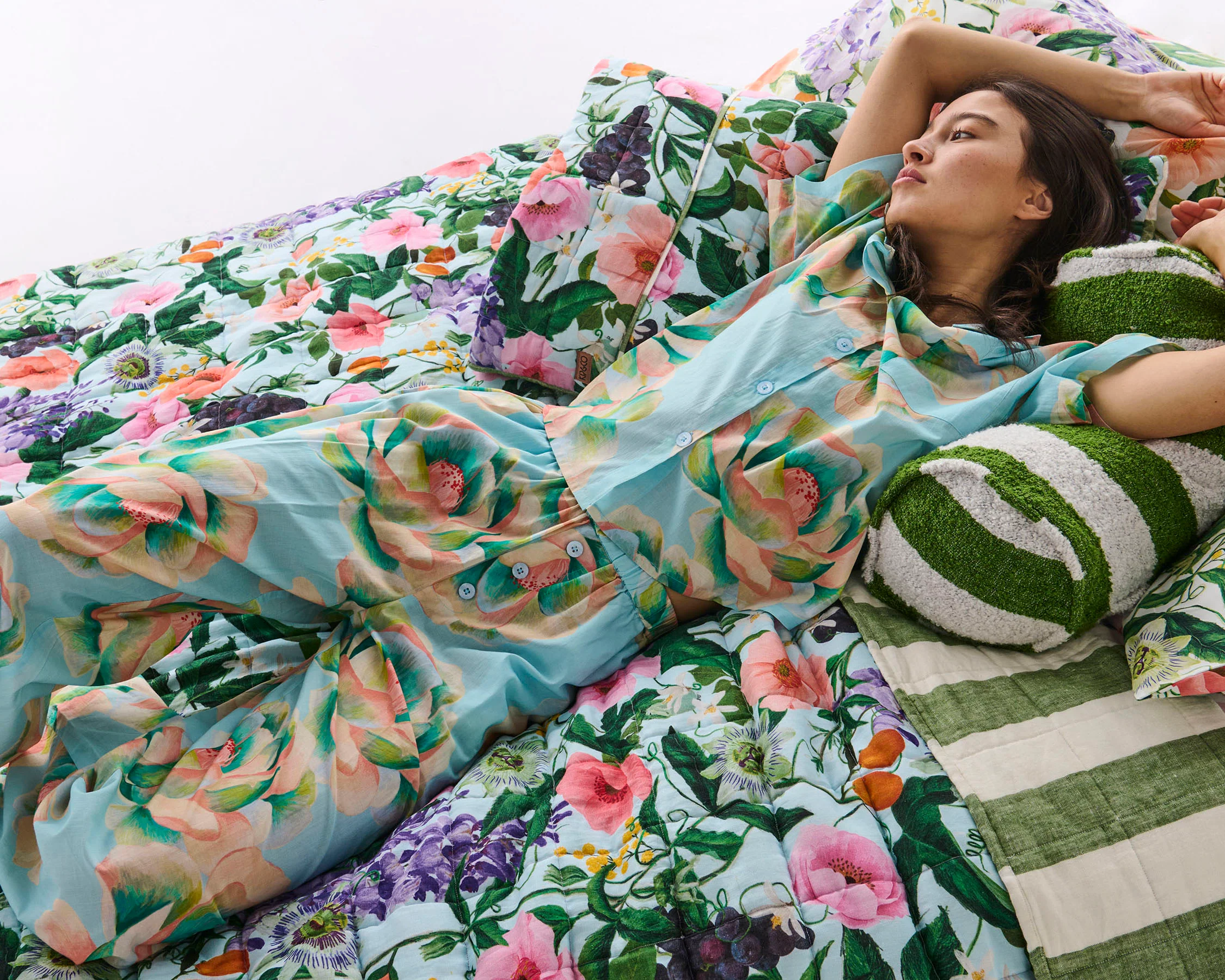 Big Beauty Floral Blue Adult Organic Cotton Short Sleeve Shirt & Pant Pyjama Set - Image 6