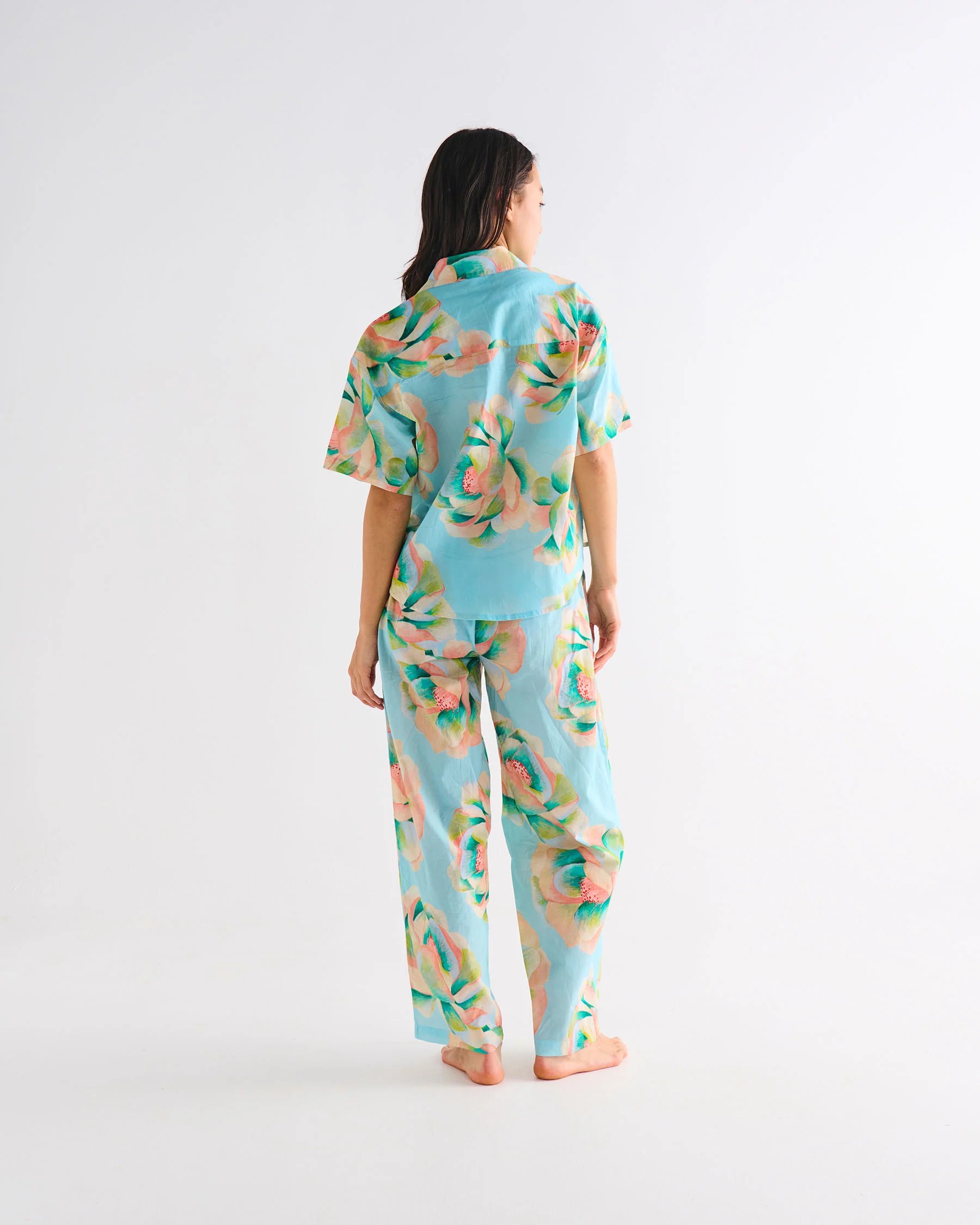 Big Beauty Floral Blue Adult Organic Cotton Short Sleeve Shirt & Pant Pyjama Set - Image 7