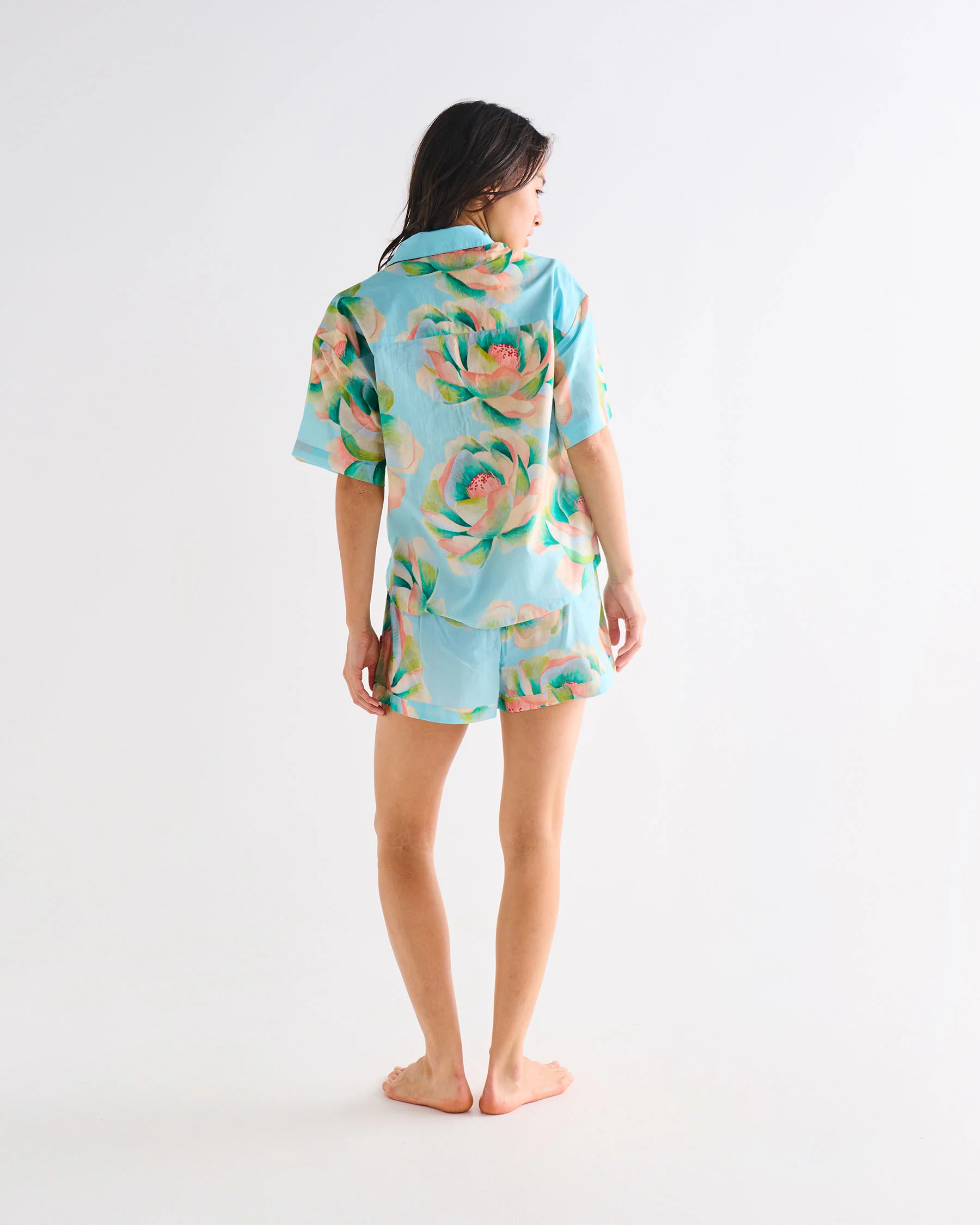 Big Beauty Floral Blue Adult Organic Cotton Short Sleeve Shirt & Short Pyjama Set - Image 5