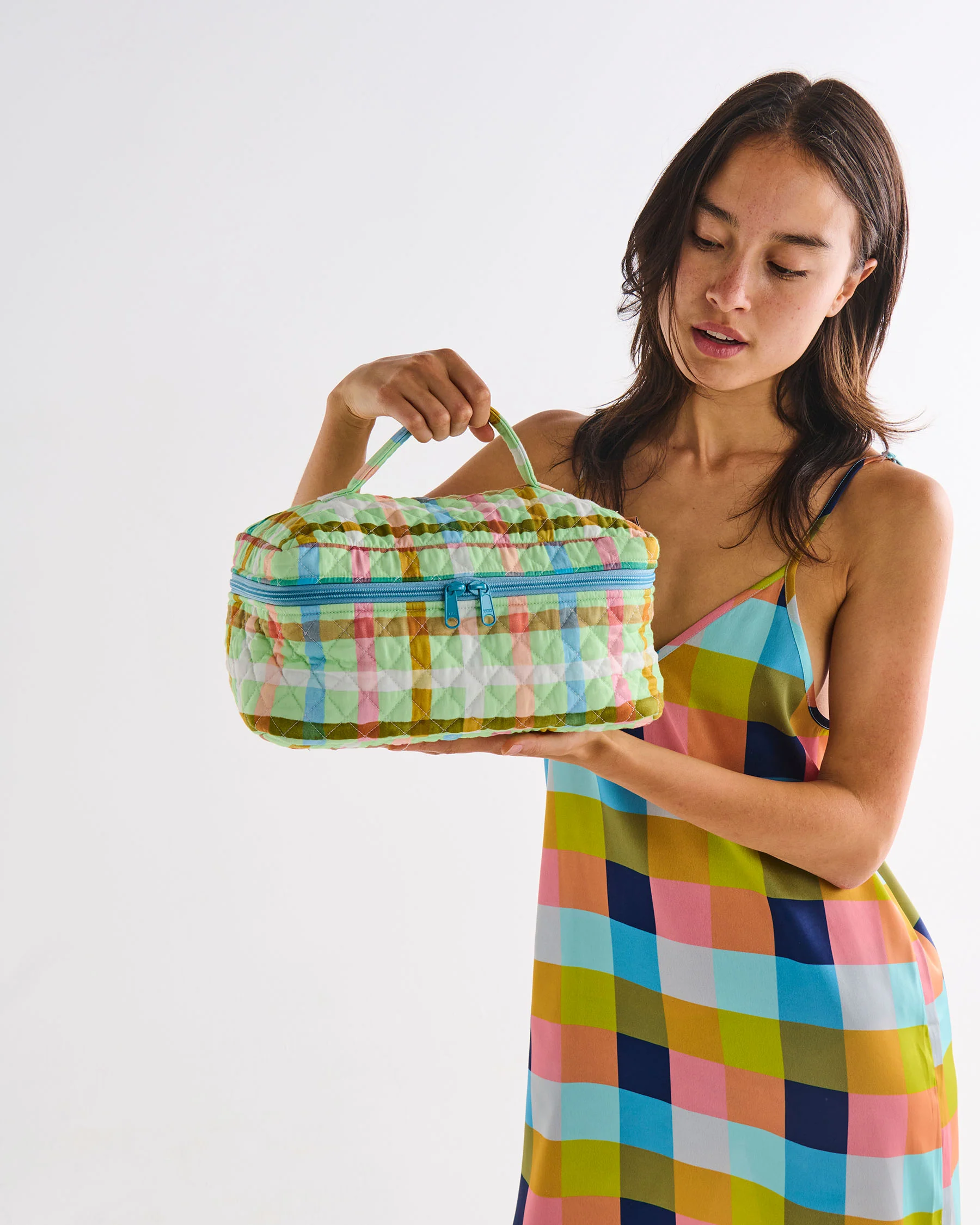 Candy Check Mint Quilted Cotton Toiletry Case - Image 4
