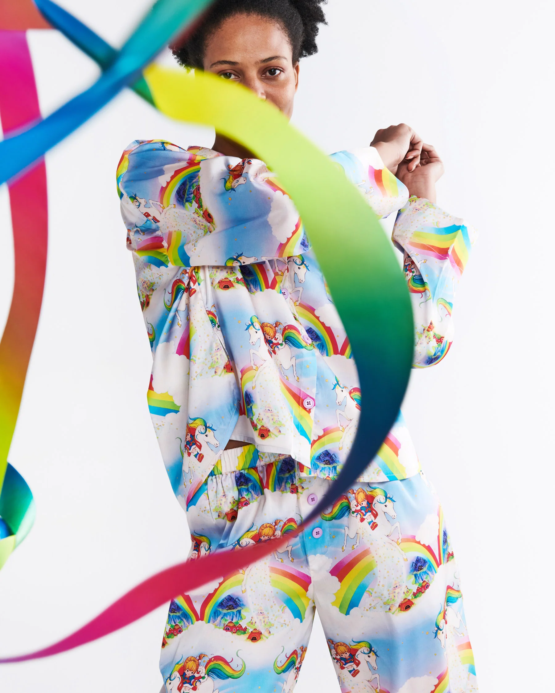 Kip&Co x Rainbow Brite Magic Sky Eco Satin Adult Long Sleeve Shirt & Pant Pyjama Set - Image 3