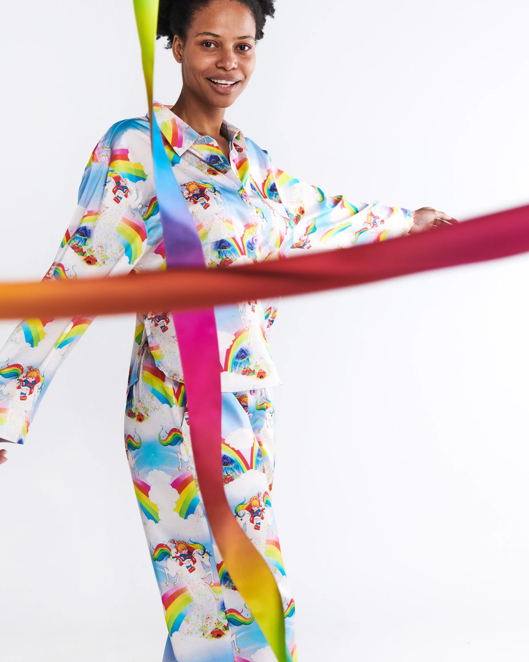 Kip&Co x Rainbow Brite Magic Sky Eco Satin Adult Long Sleeve Shirt & Pant Pyjama Set - Image 6