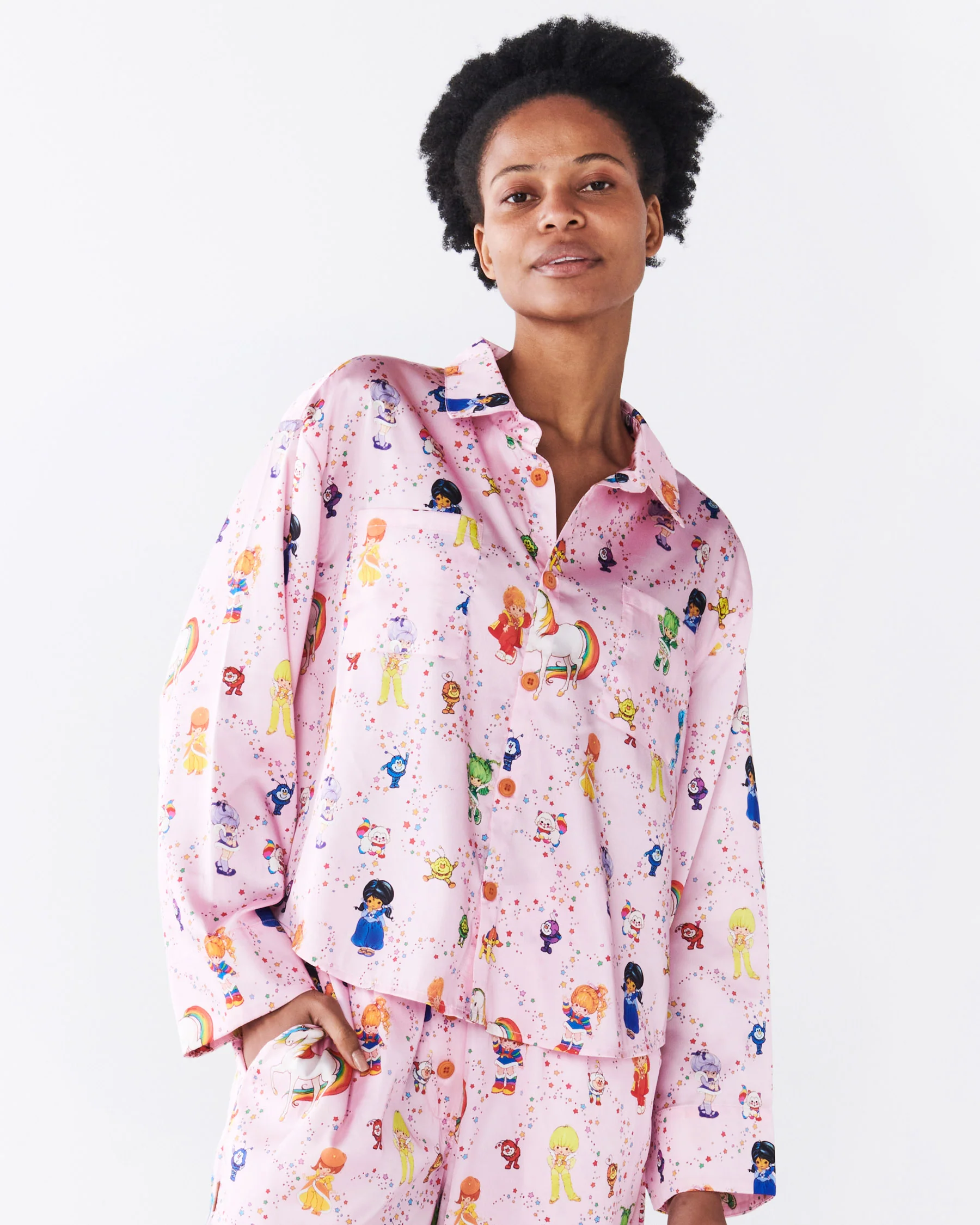 Kip&Co x Rainbow Brite Star Shower Eco Satin Adult Long Sleeve Shirt & Pant Pyjama Set - Image 4
