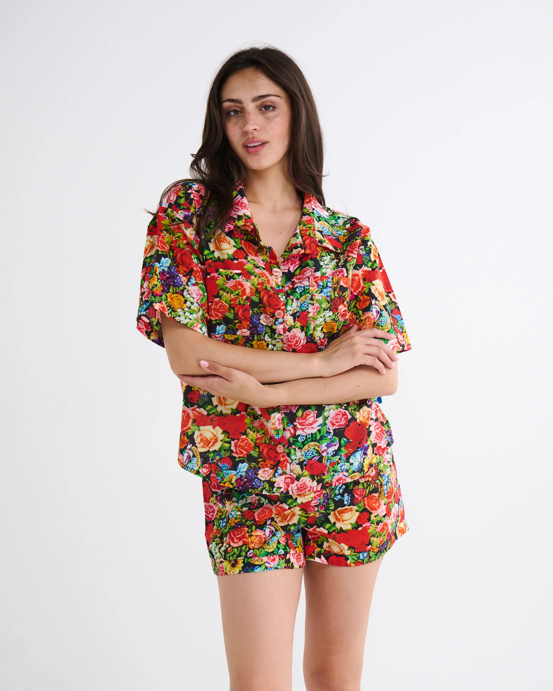 Kip&Co x The Beatles Pepperland Roses Adult Organic Cotton Short Sleeve Shirt & Short Pyjama Set - Image 2